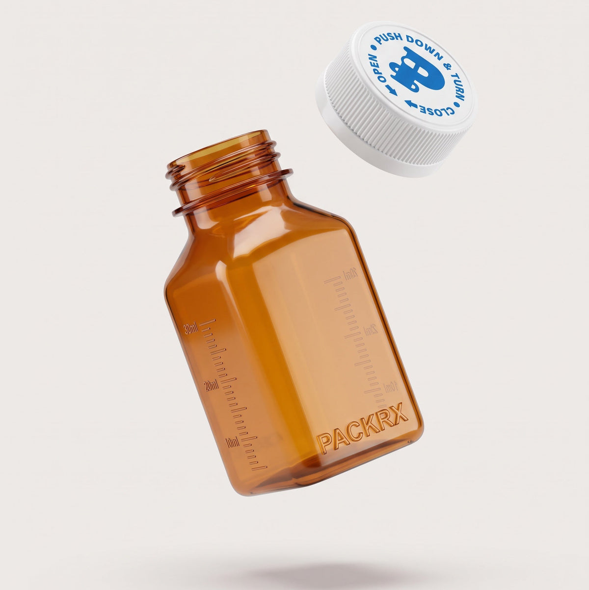 Square amber Pack RX methadone bottle with graduations and a white push and turn cap floating beside it